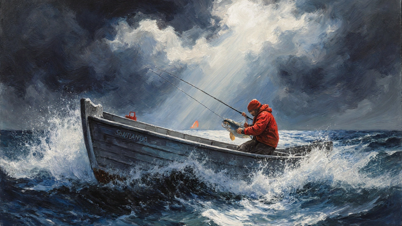 Алюминиевая шаланда на бурном Байкале с рыбаком, держащим крупную рыбу, на фоне штормового неба.
