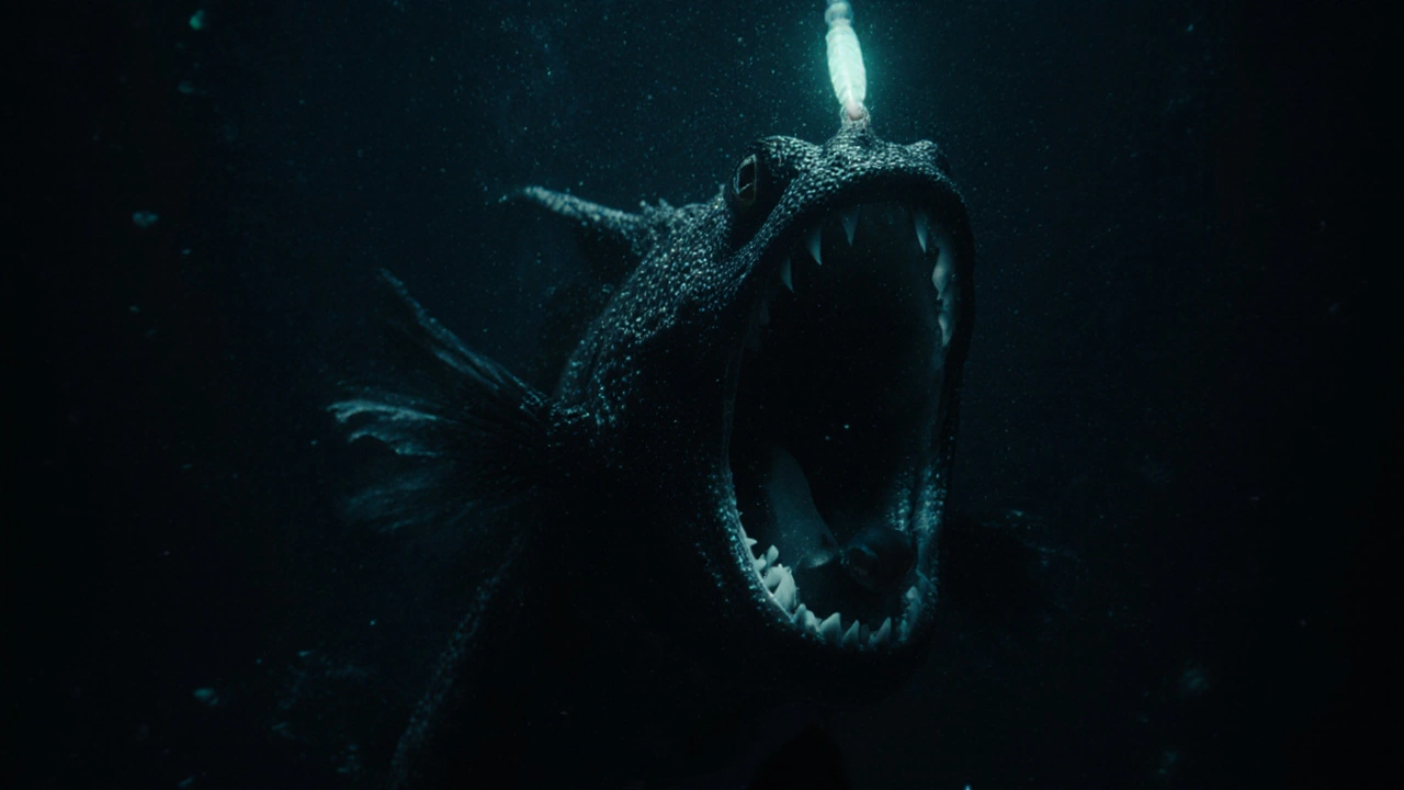 Чёрный дракончик в глубоком океане раскрывает пасть, поглощая добычу в темноте.