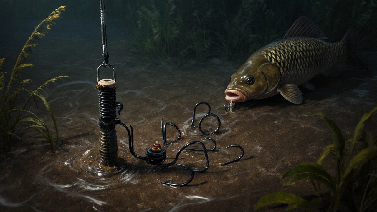 Донная снасть с кормушкой на дне реки, карп приближается к наживке.