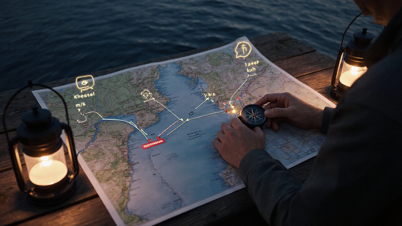 Fisherman plans lake route on map at dusk, using speed vectors and knot‑to‑km/h conversion.