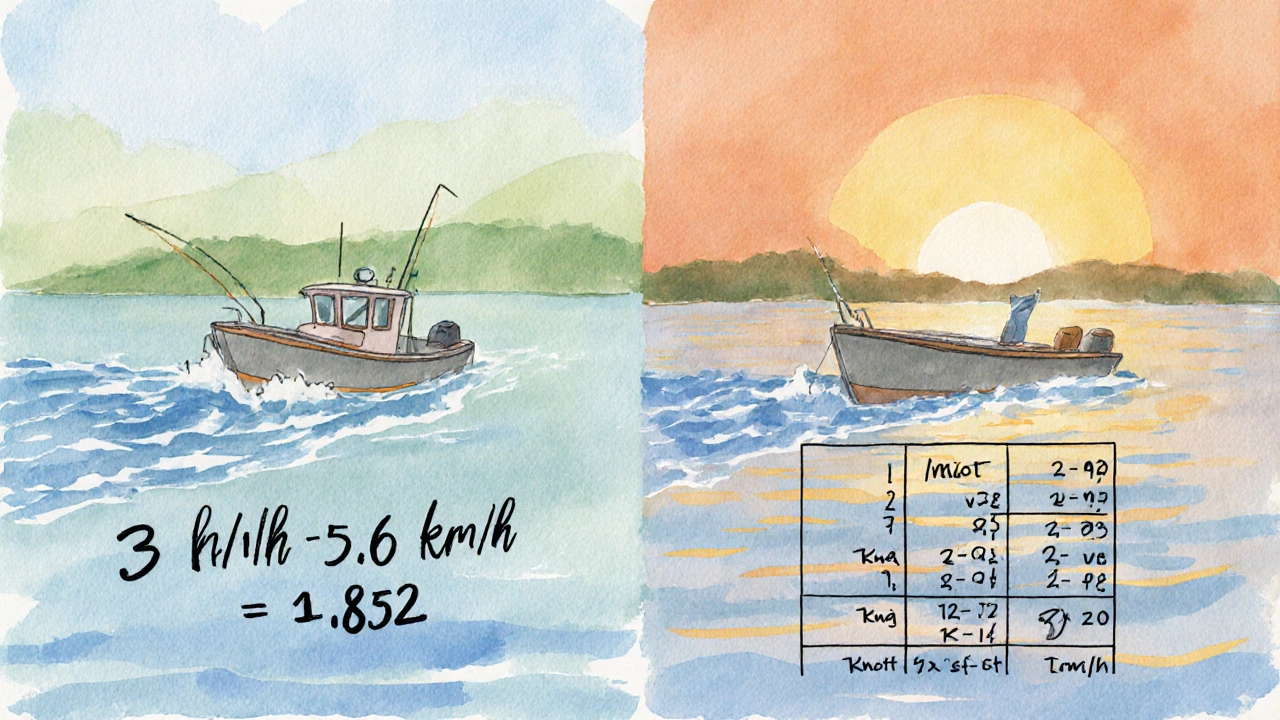 Illustration split-screen shows 3 knots equals ~5.6 km/h and conversion formula with speed table.