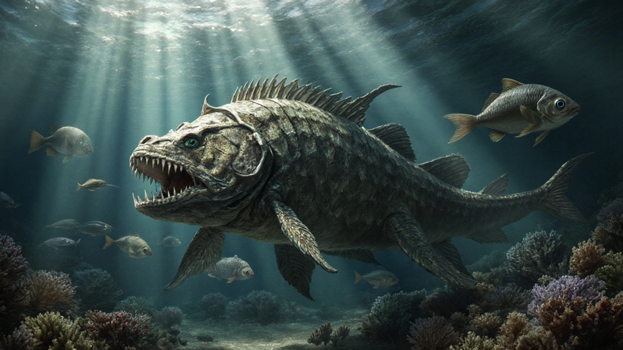 Крупная плацодерма с костяным панцирем охотится в древнем море.