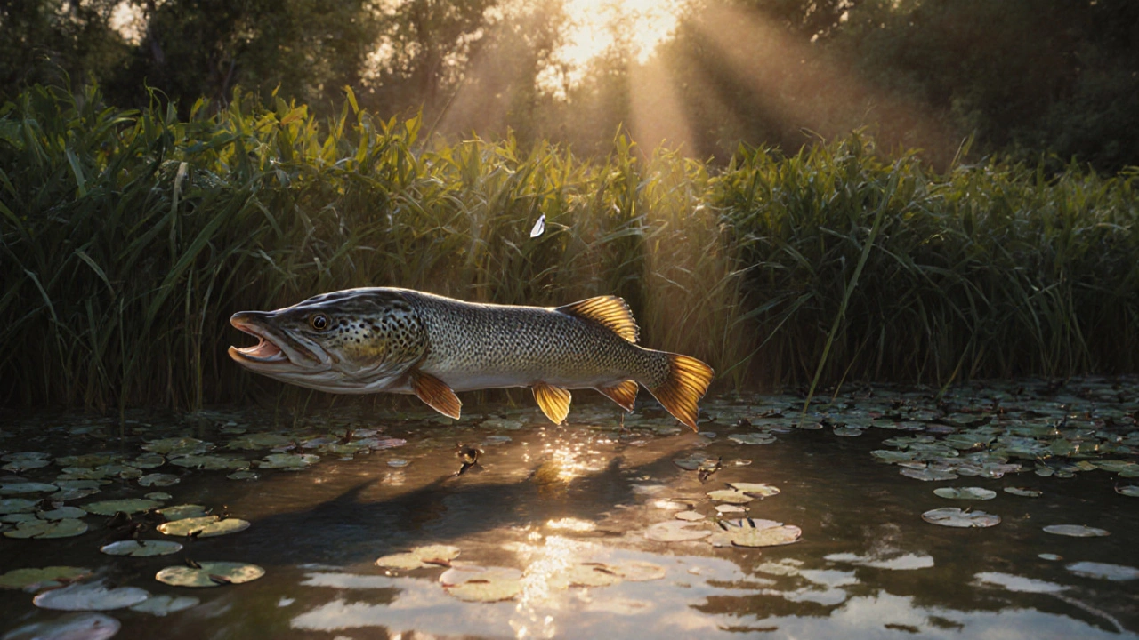 Летняя щука у кромки водорослей в сумерках, тень от растительности на поверхности воды.
