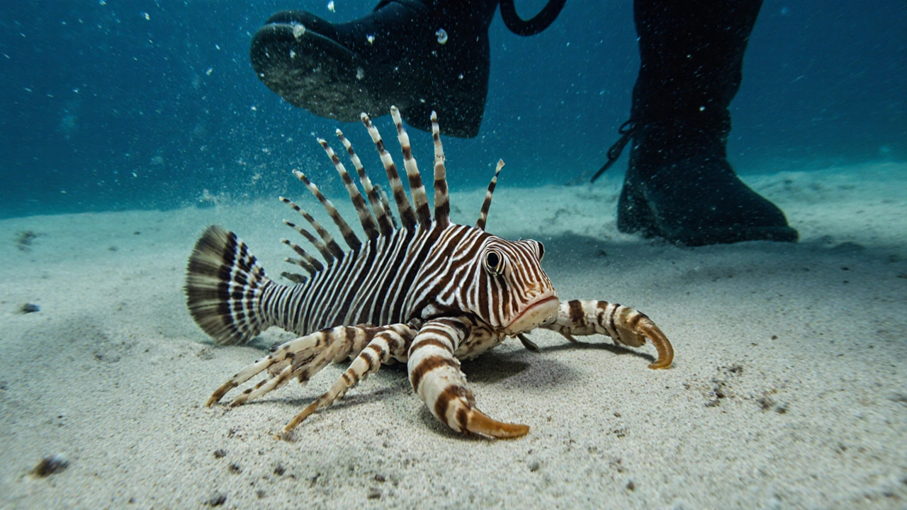 Морской осёл лежит на дне, его ядовитые шипы направлены вверх, угрожая дайверу.