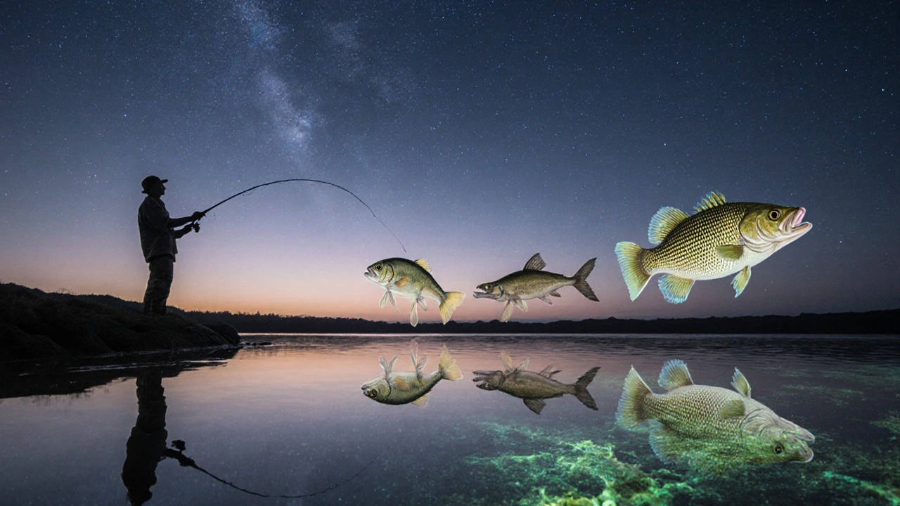 Рыбак в закатном свете, его отражение в воде превращается в цепочку эволюционных предков.