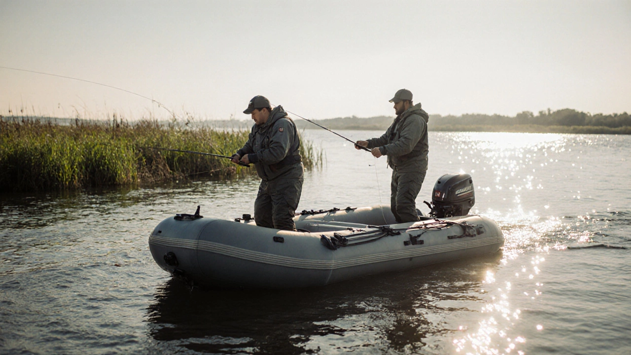 Современная надувная лодка с жёстким днищем на реке Волга с рыбаками, забрасывающими удочки.