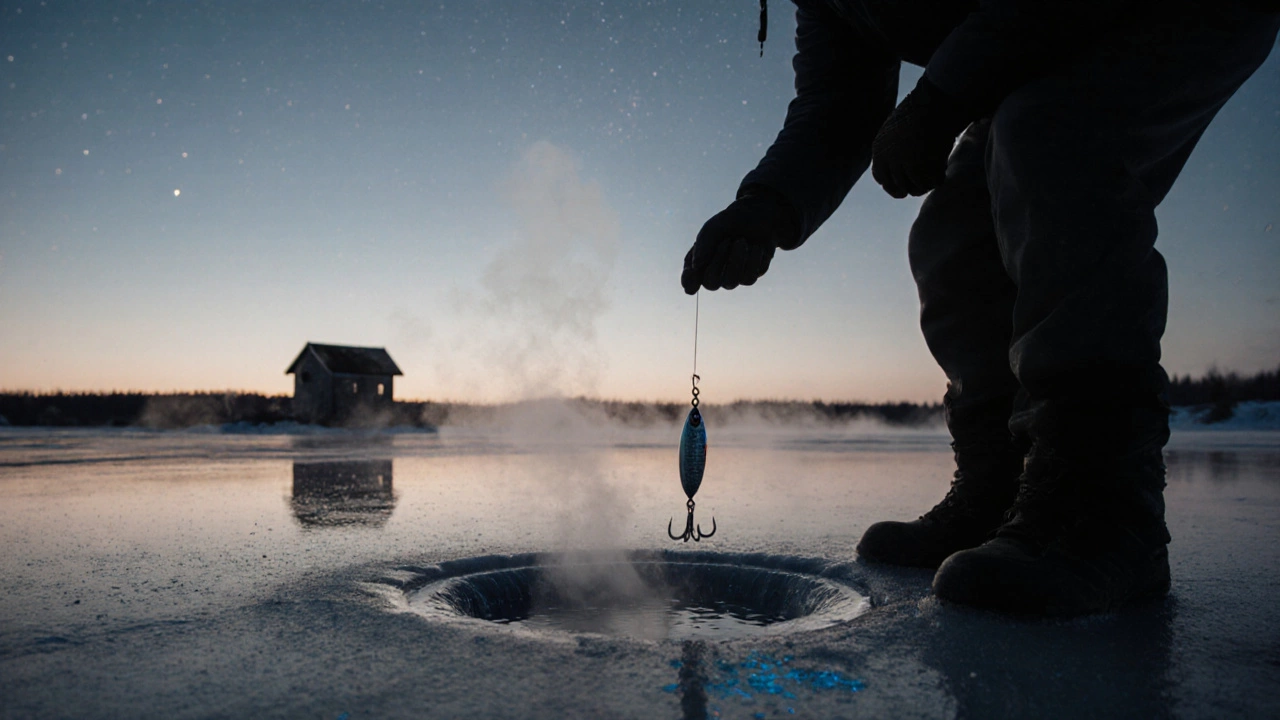 Вертикальное блеснение через лунку на льду зимой, подснежный свет.