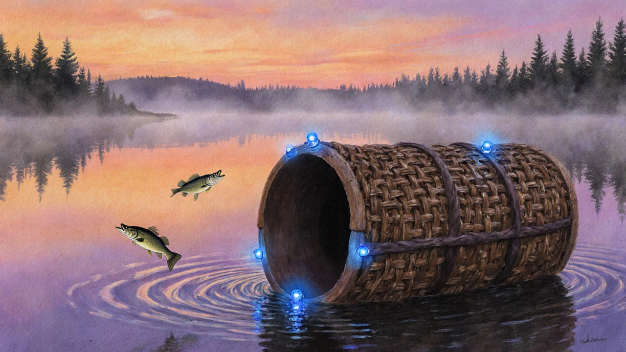 Водяная живопись: озеро на закате, плавает корзина‑ловушка, светятся LED, рыбы подходят к входу.
