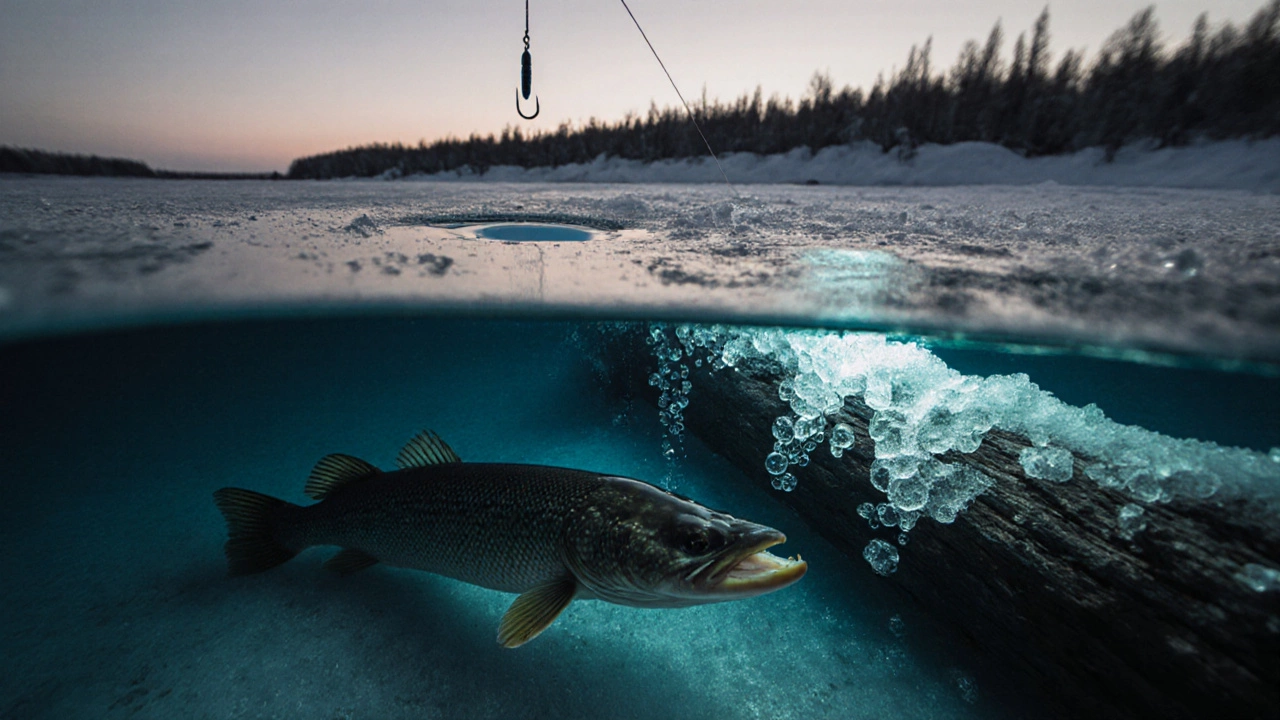 Зимняя щука на дне ямы у затопленного бревна под льдом, утренний свет сквозь лунку.
