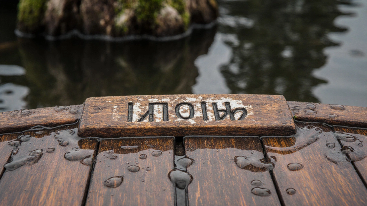 Деревянная табличка с именем &#039;Гриб&#039; на борту лодки, капли воды.