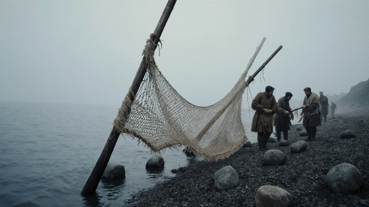 Древняя сеть из лыка с каменными грузилами на берегу Балтики, рыбаки тянут её из воды.