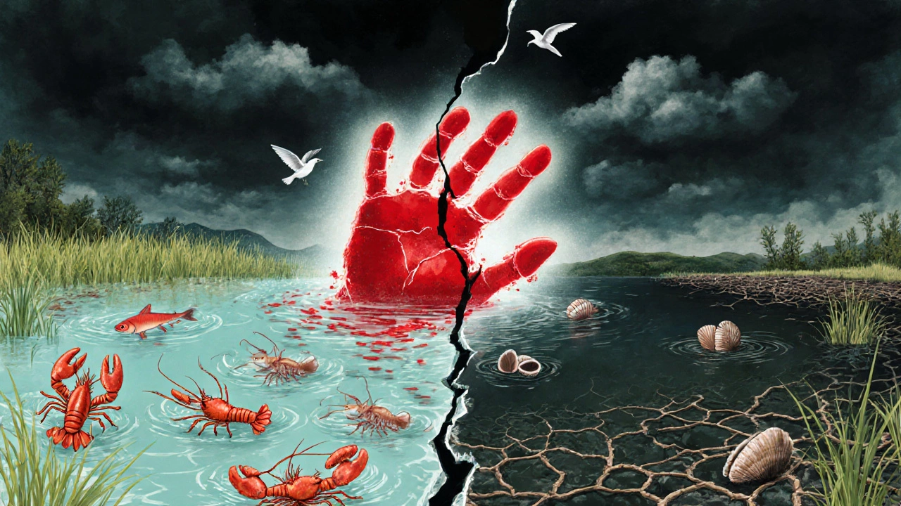 Два мира: здоровая экосистема с раками и мёртвый пруд — огромный красный след руки разделяет их.