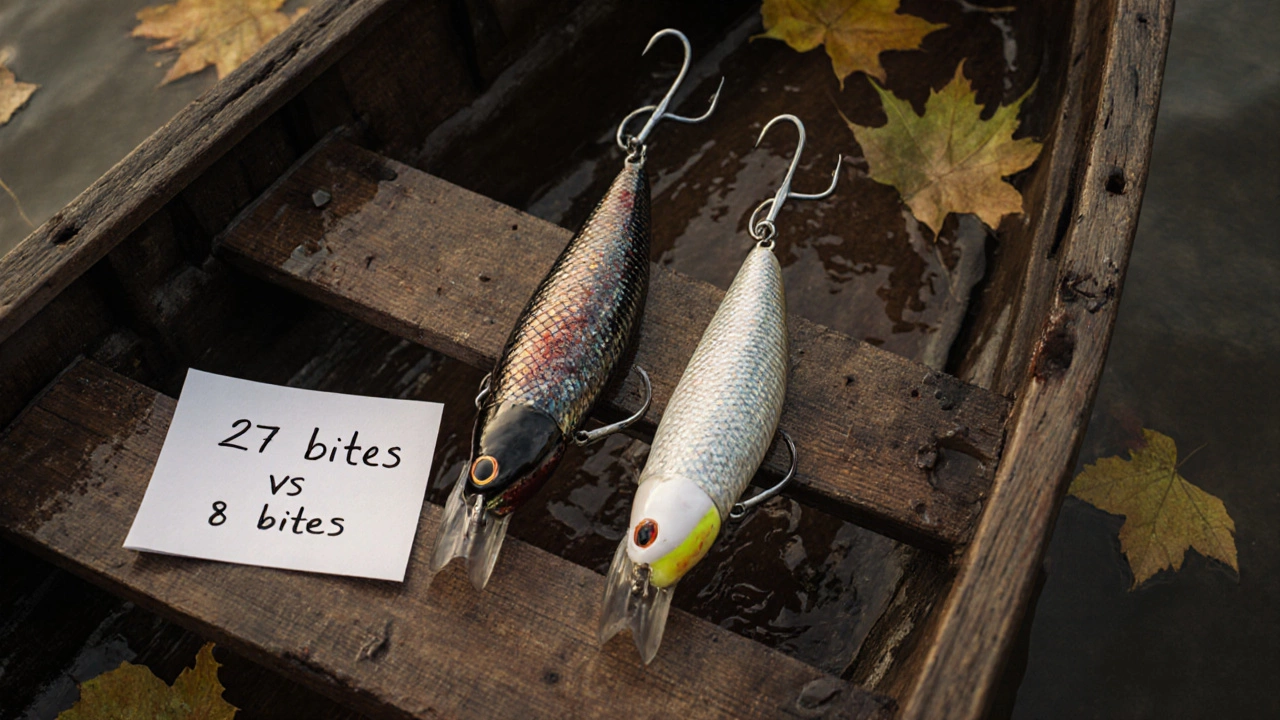 Две приманки: одна с натуральной кровью — сделала 27 поклёвок, другая — только 8.