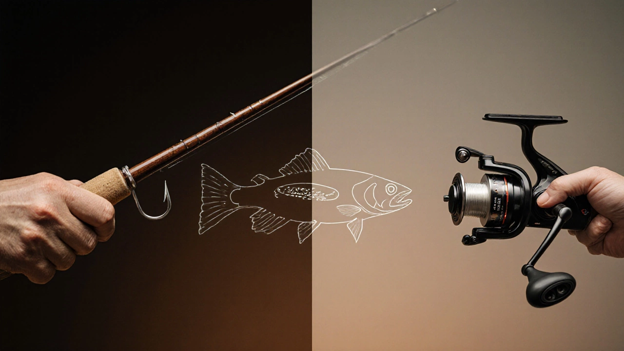 Эволюция рыболовных снастей: древняя удочка и современный спиннинг с рыбой между ними.
