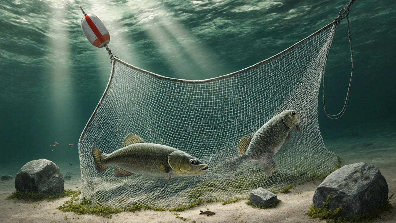 Глубокая ставная сеть на дне водохранилища с крупной рыбой у сетки и поплавком на поверхности.