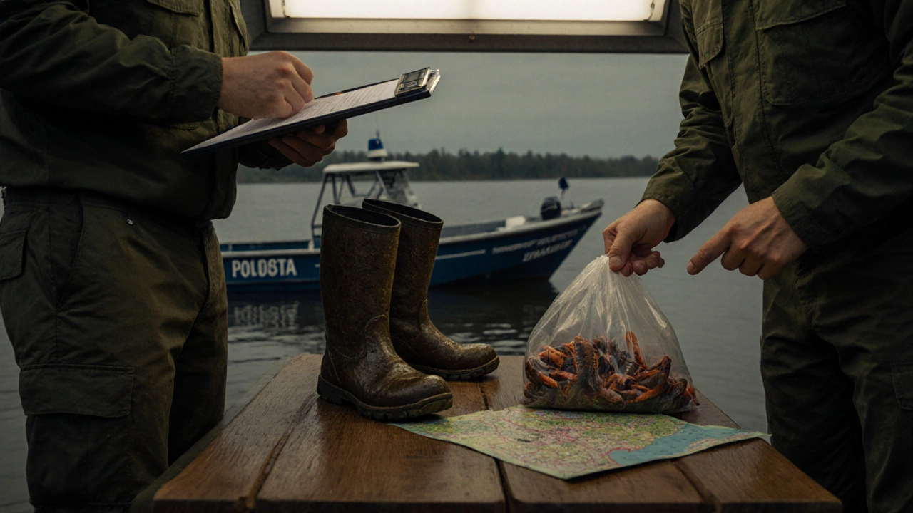 Инспекторы проверяют выловленных раков и грязную обувь на столе в офисе рыбнадзора.