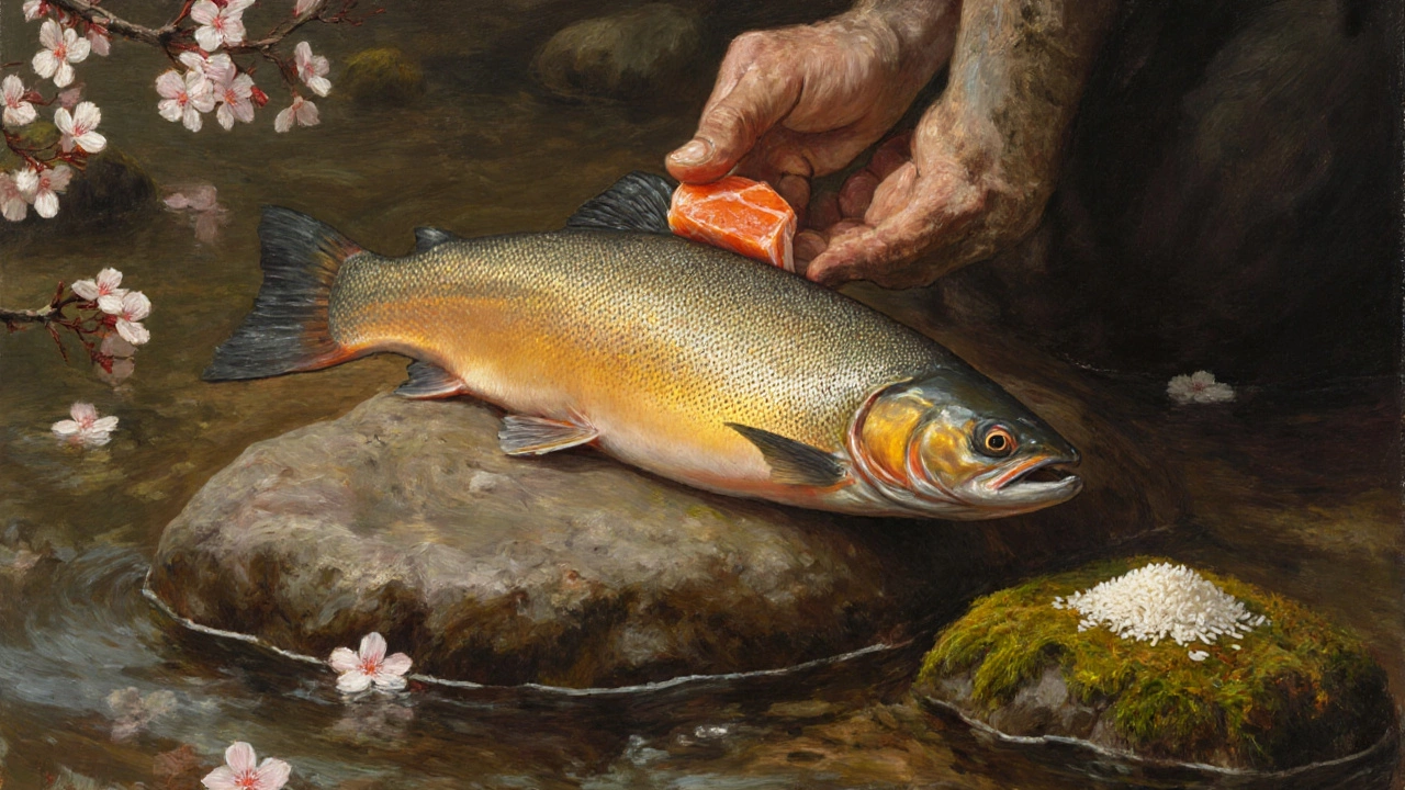 Лосось на камне с Offering из соли и риса, цветы сакуры, символ уважения к природе.