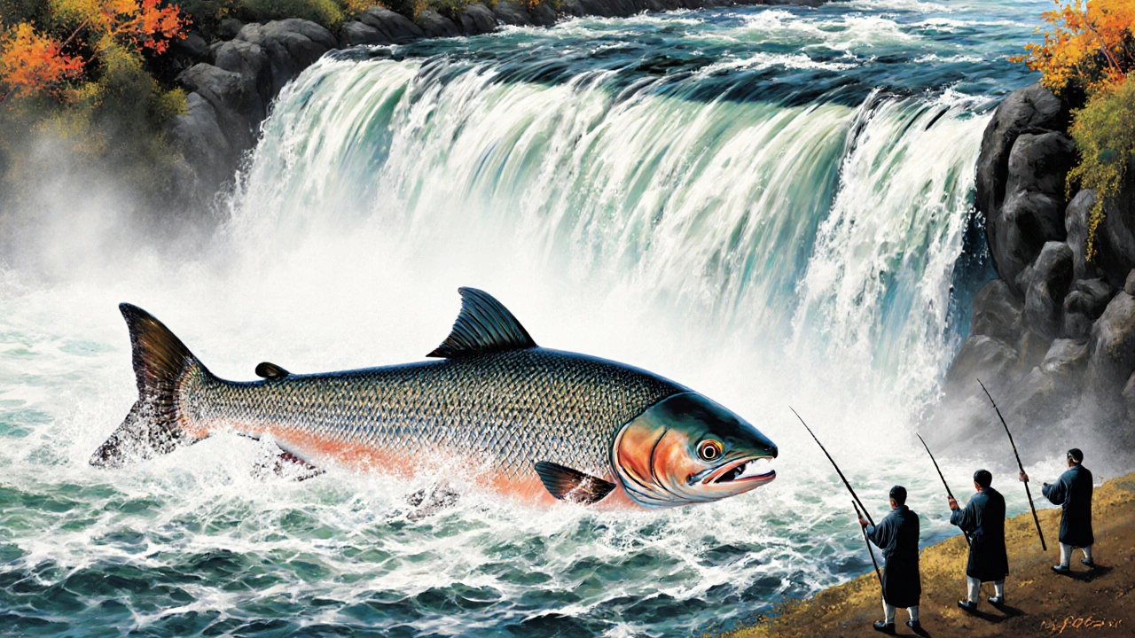 Лосось преодолевает водопад в Хоккайдо, рыбаки наблюдают в тишине, осенние листья падают на воду.