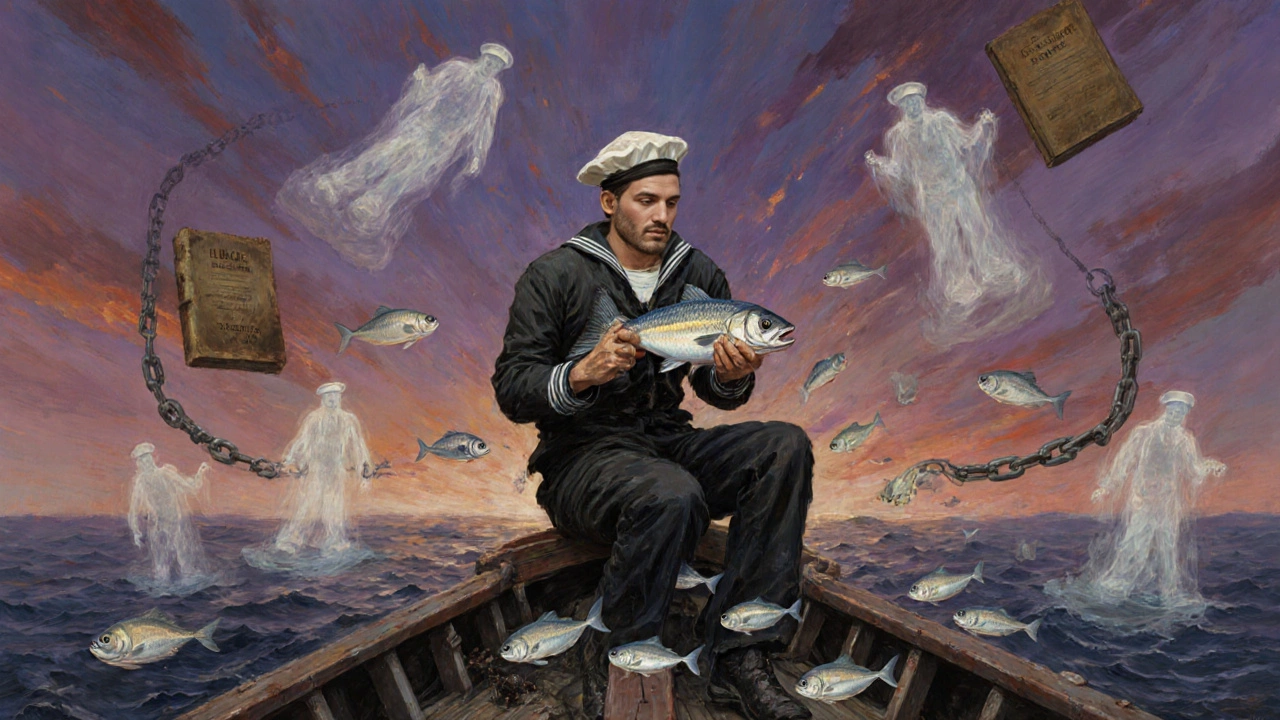 Моряк растворяется в море, превращаясь в рыбу, пока над ним витают символы контроля.