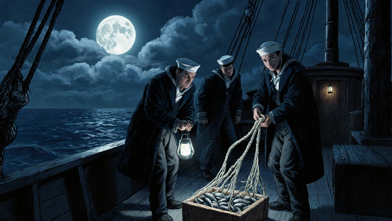 Ночью матросы поднимают самодельную ловушку с рыбой, боясь быть пойманными.