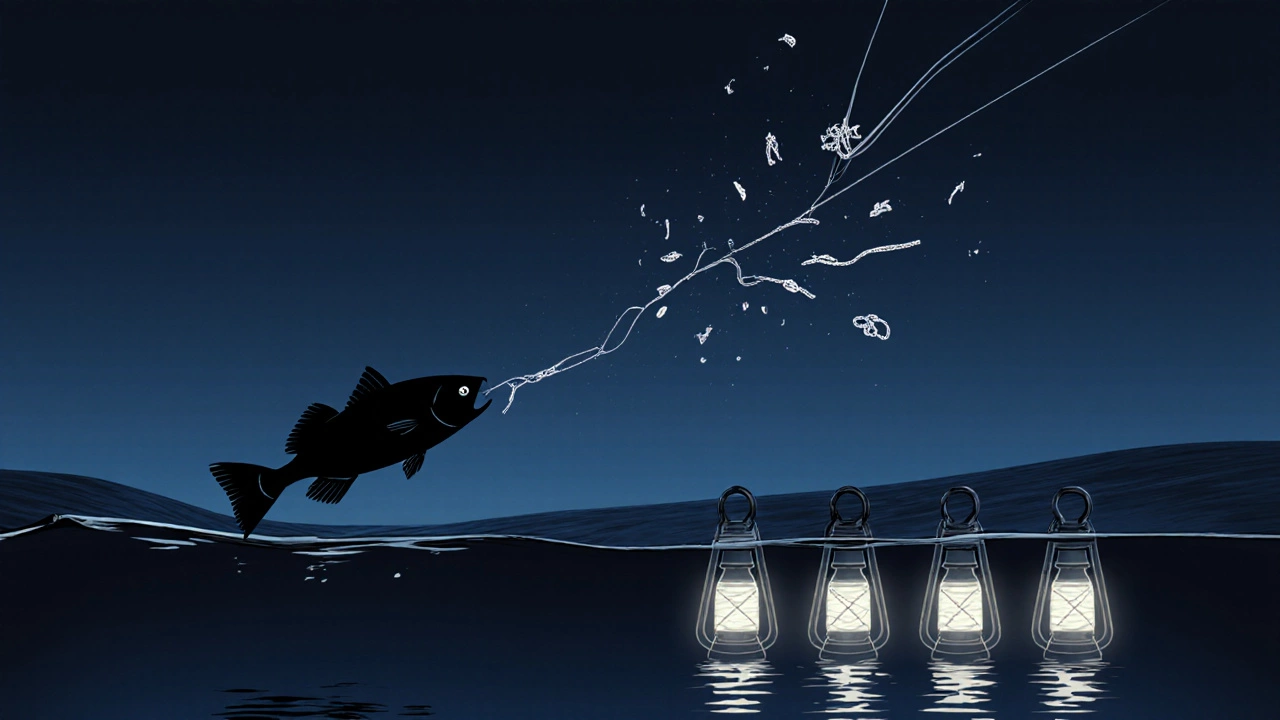 Разорванная леска и убегающая рыба, рядом светятся надежные узлы в темной воде.