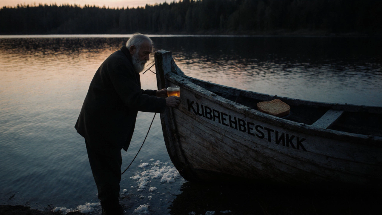 Рыбак кладёт чай и хлеб на нос лодки &#039;Буревестник&#039; на закате.