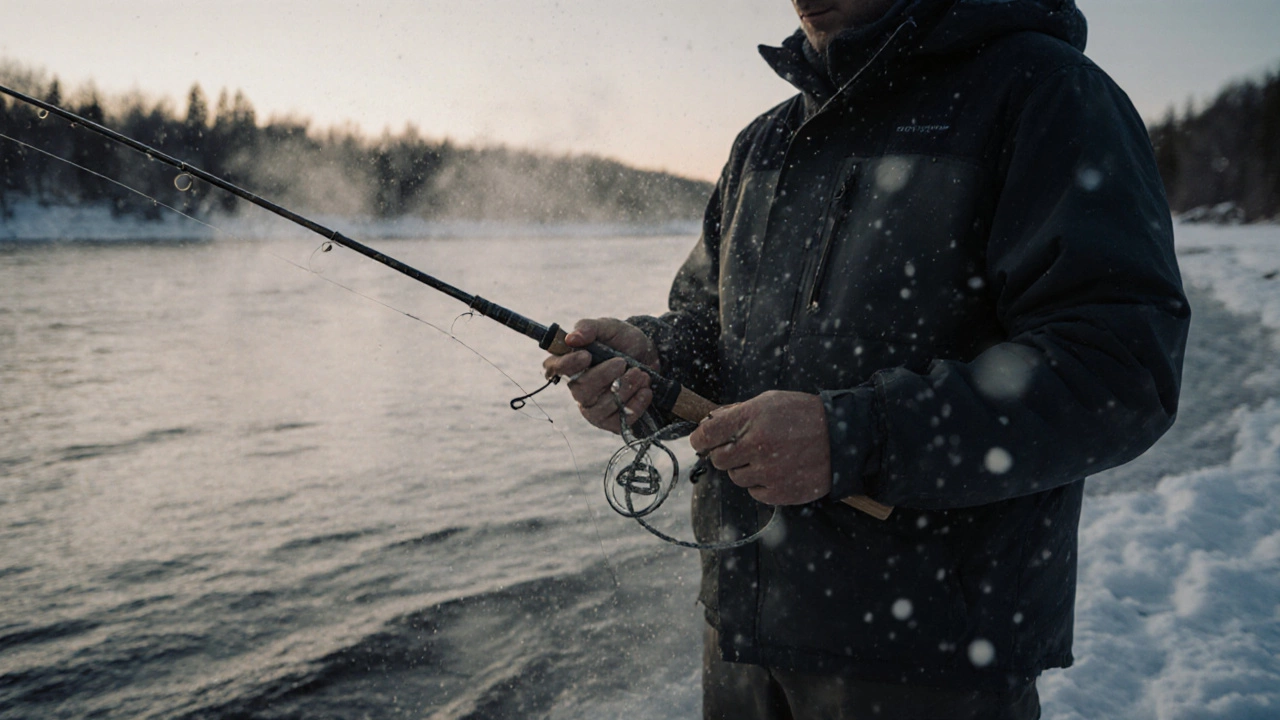 Рыбак на льду реки утром с удочкой и правильно завязанным узлом Тирадс 3.