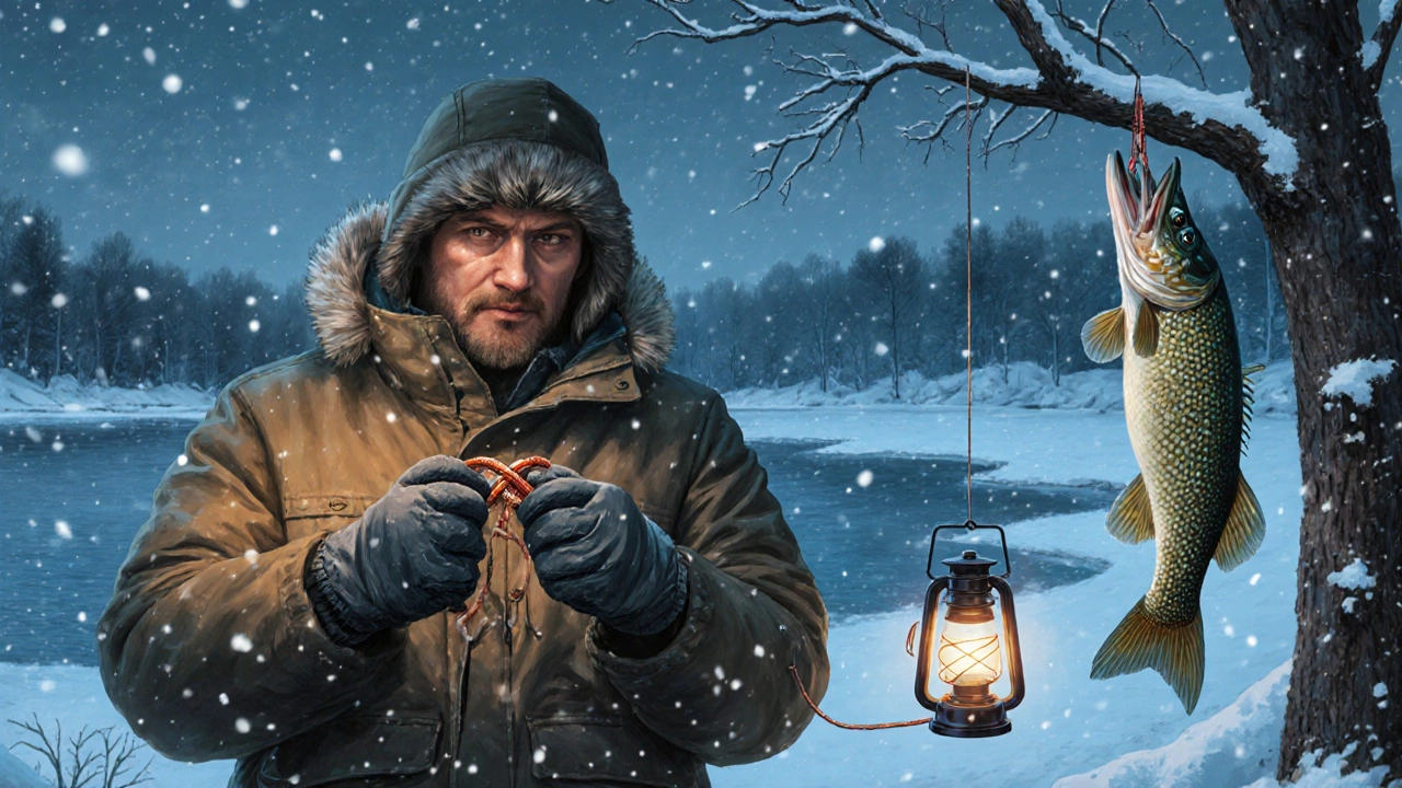 Рыбак в перчатках завязывает узел «восьмерка» под фонарем зимой, снег и замерзший озеро вокруг.