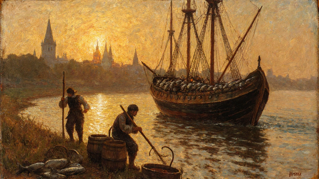 Средневековая лодка с солёной рыбой на Волге, рыбаки на берегу с крючками, вид на Новгород.