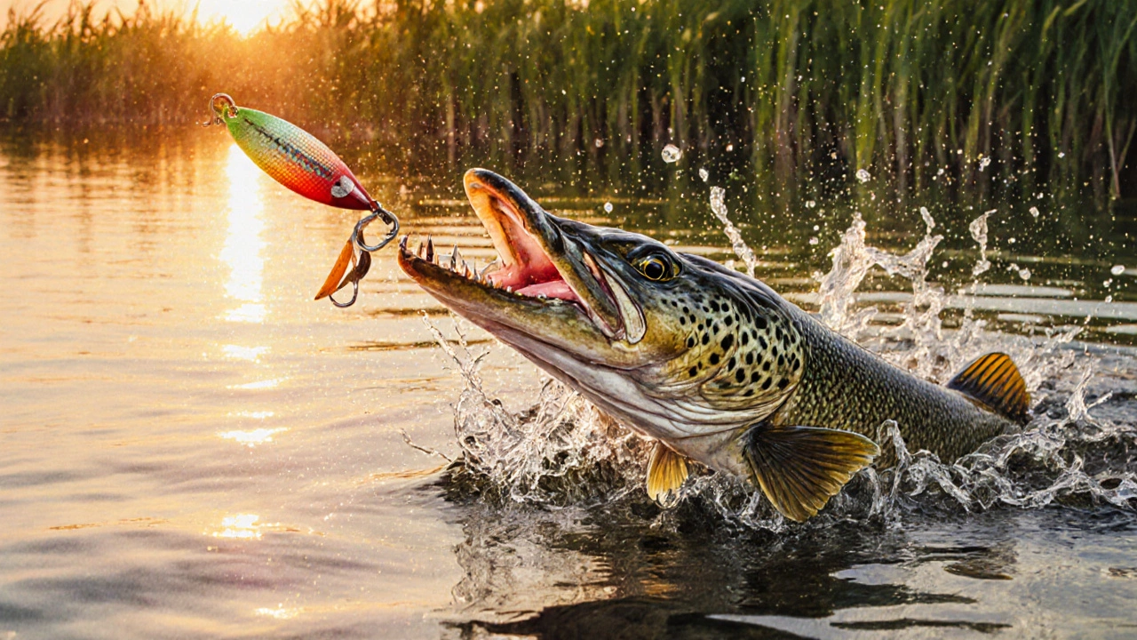 Щука атакует поппер на закате, брызги воды и золотистый свет на поверхности озера.