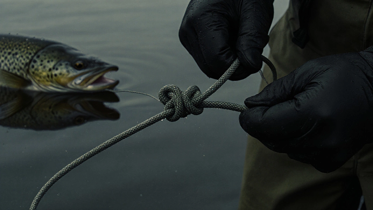 Уни-узел на плетеной леске, капли воды на узле, руки в перчатках затягивают его.