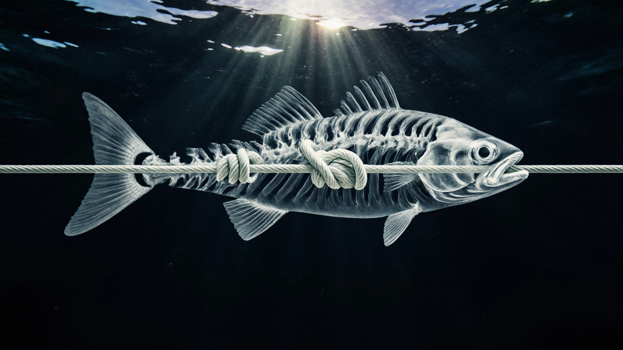 Узел «восьмерка» на леске с прозрачным наложением скелета рыбы, символизирующим равномерное распределение нагрузки.