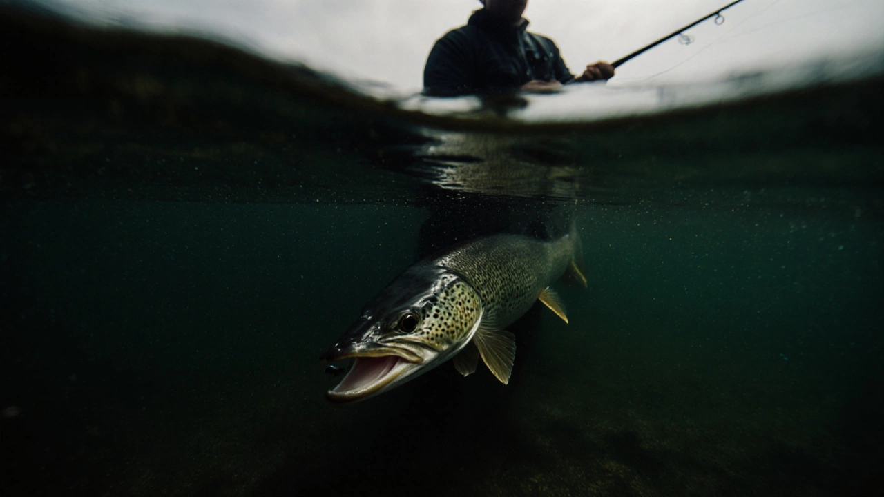 Вид щуки под водой: медленно опускающийся балансир, силуэт рыбака сверху и лучи света в мутной воде.