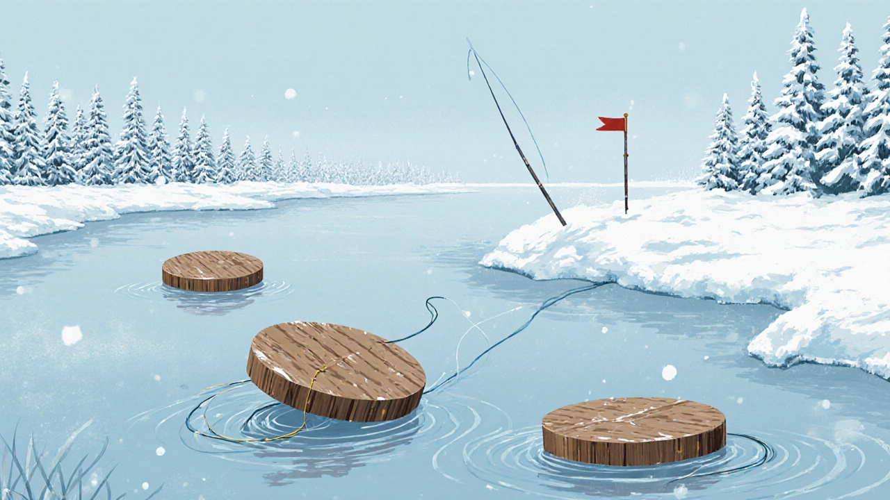 Зимняя рыбалка на льду: три кружки на снегу, одна упала в воду.