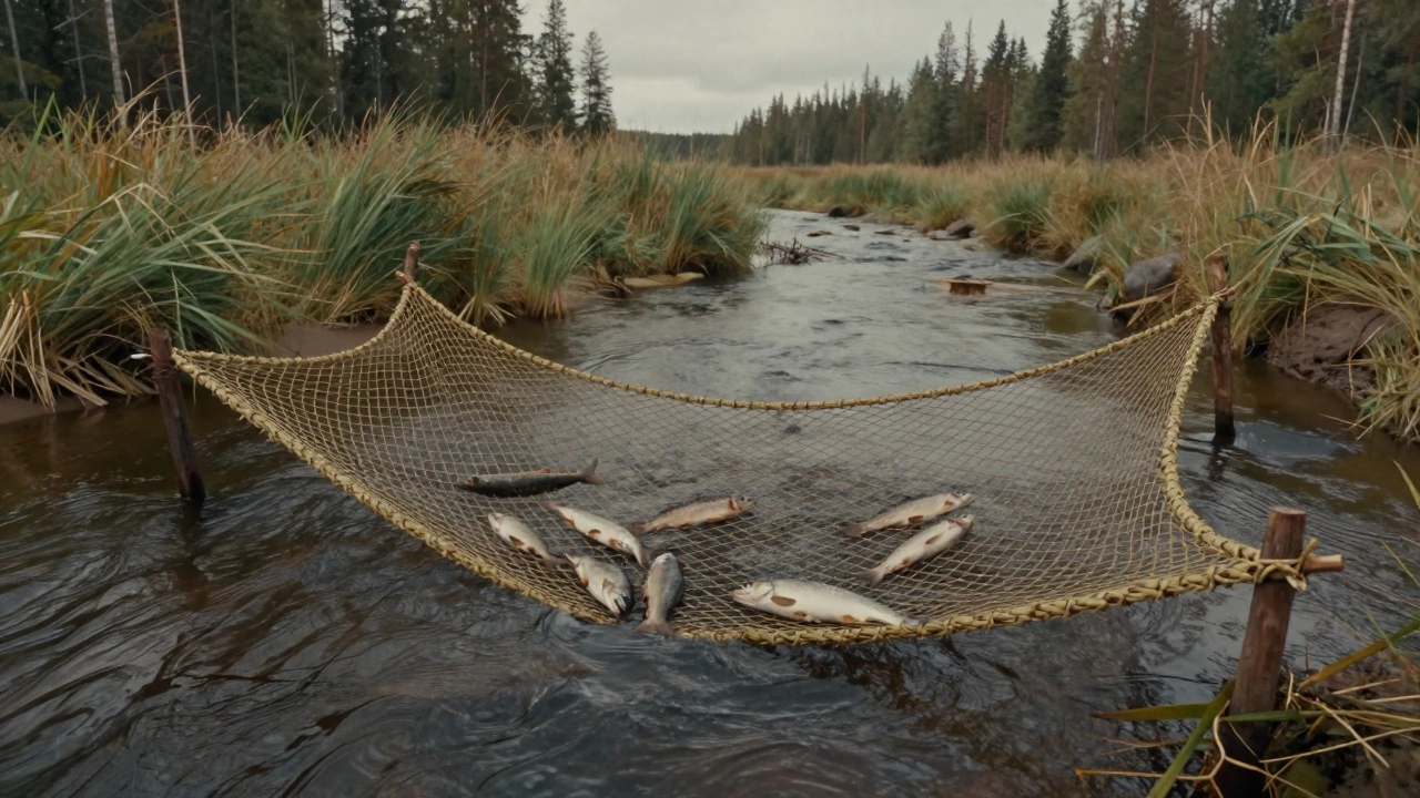 Древняя сеть из растительных волокон в реке Финляндии, поймавшая рыбу, окружённая тростником.