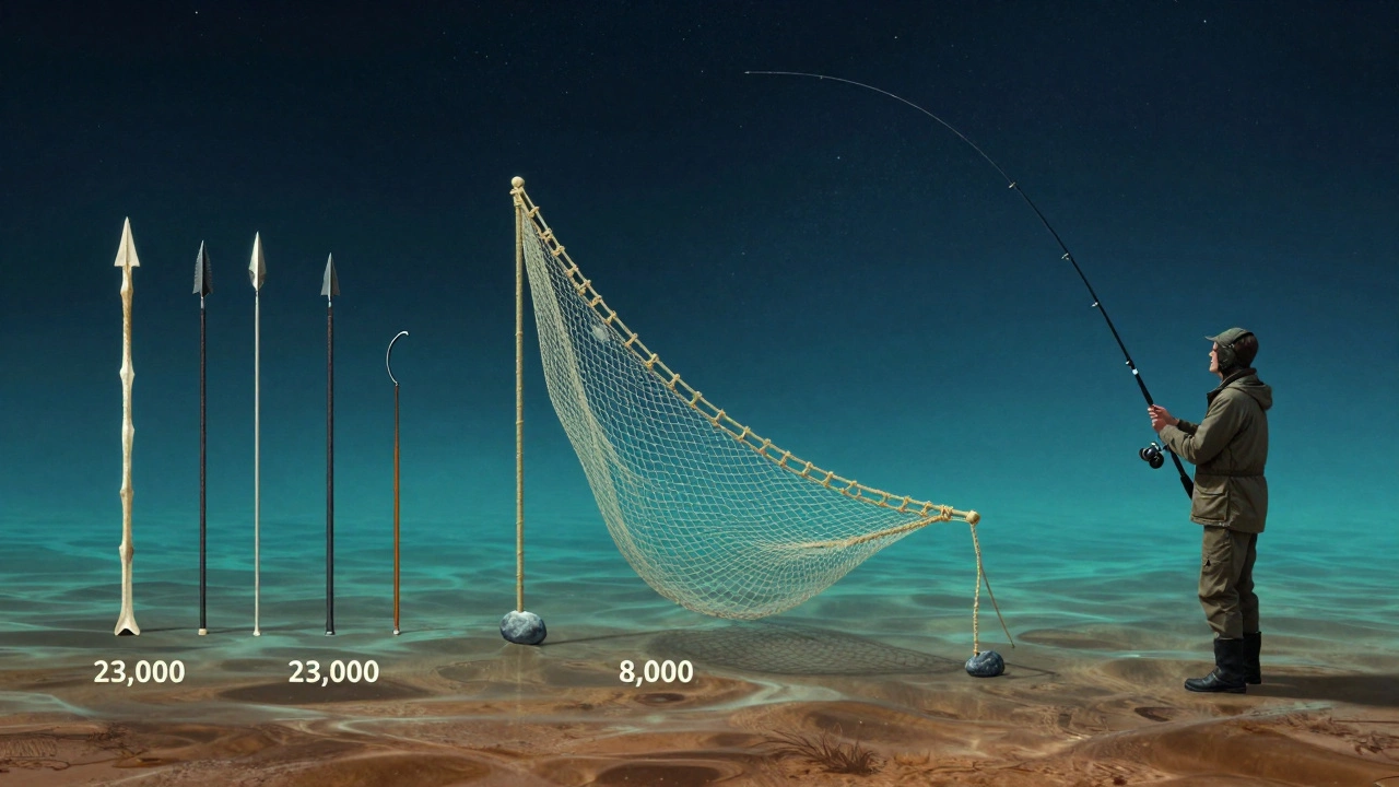 Эволюция рыболовных орудий от костяных крючков до современной удочки.