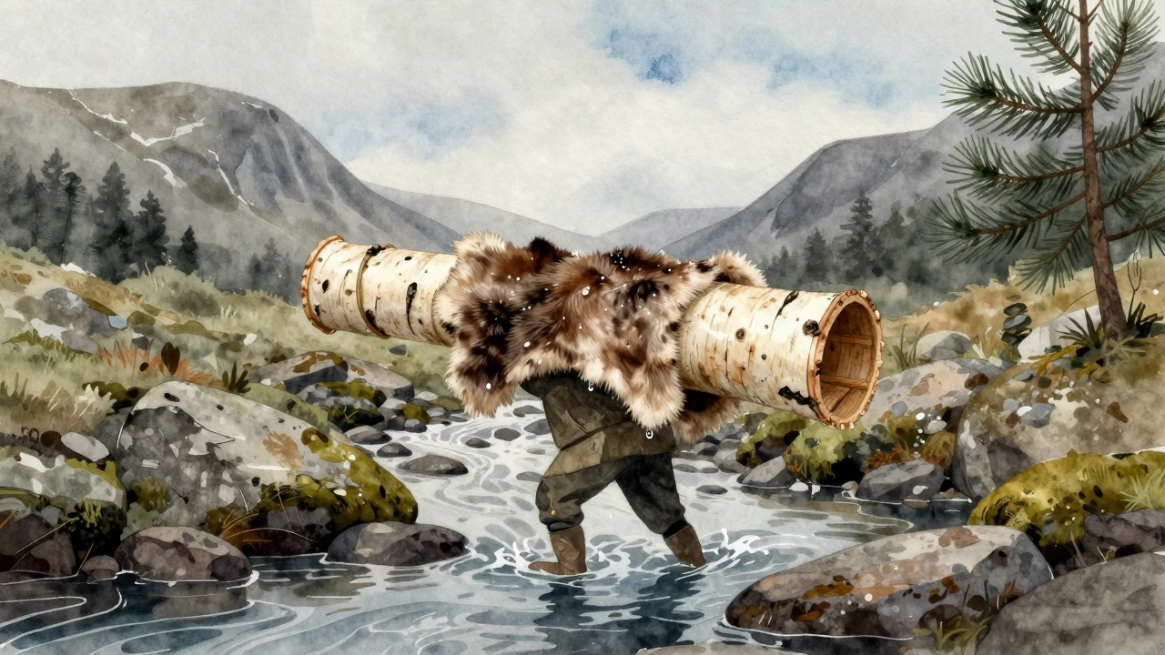 Коч из бересты на плечах рыбака в горном ручье, обтянутый кожей.