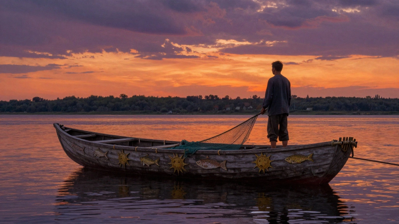 Лодья на Волге с резными узорами солнца и рыб, рыбак с сетью на борту.