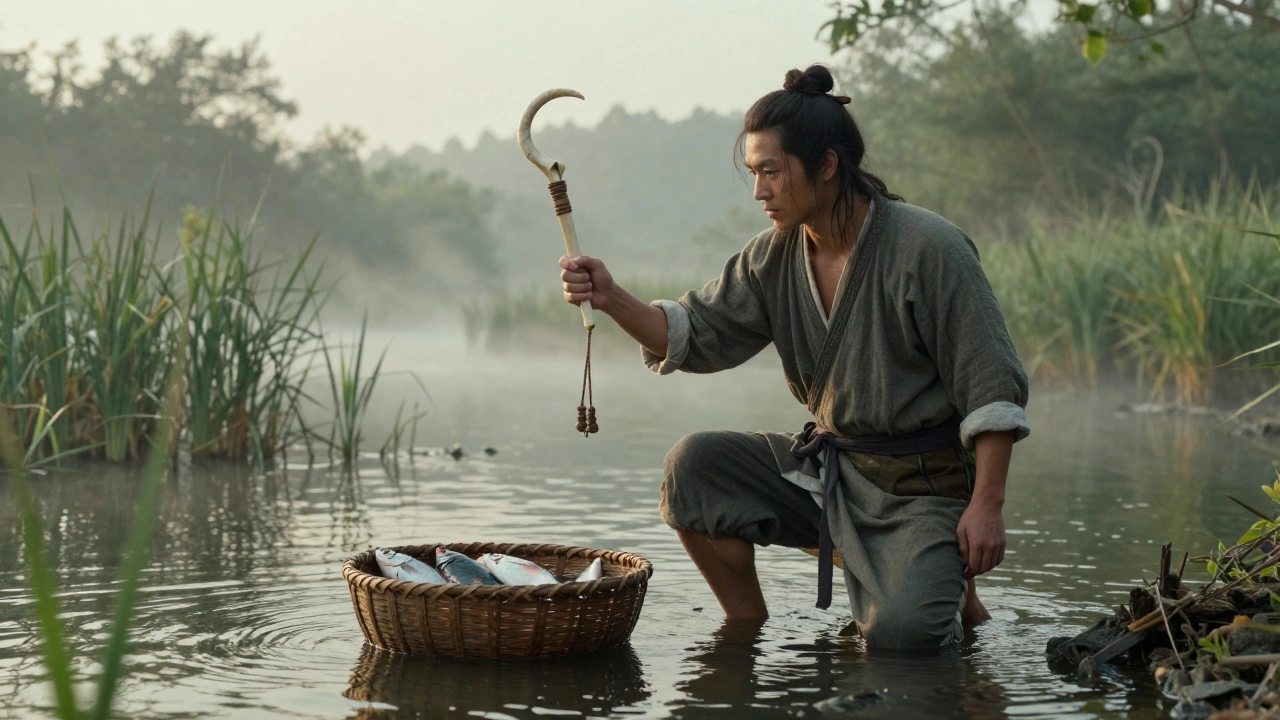 Охотник использует костяной крючок для ловли рыбы на берегу реки в древней Азии.