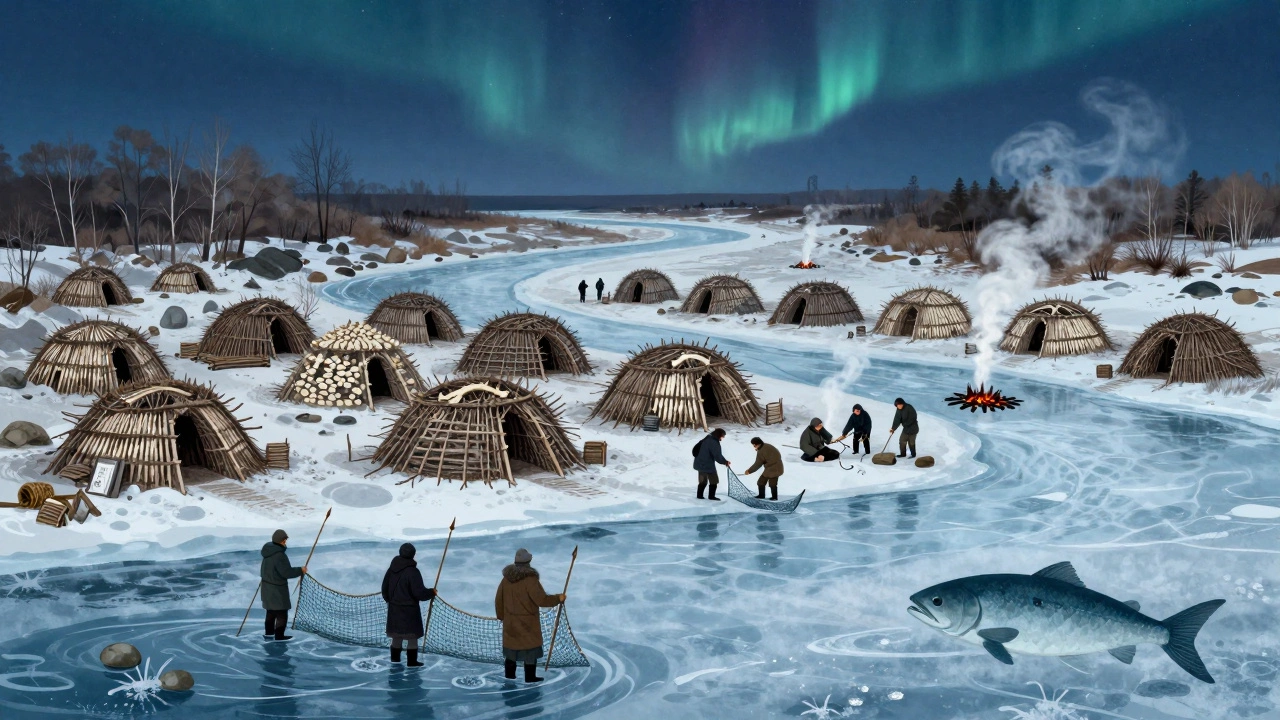 Поселение у реки Волга с жилищами из костей рыб и рыбаками, ловящими рыбу под льдом.