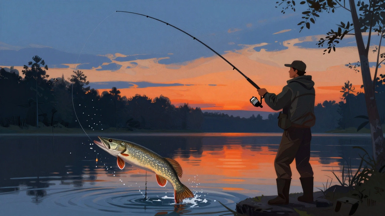 Рыбак забрасывает спиннинг на озере, щука атакует приманку.