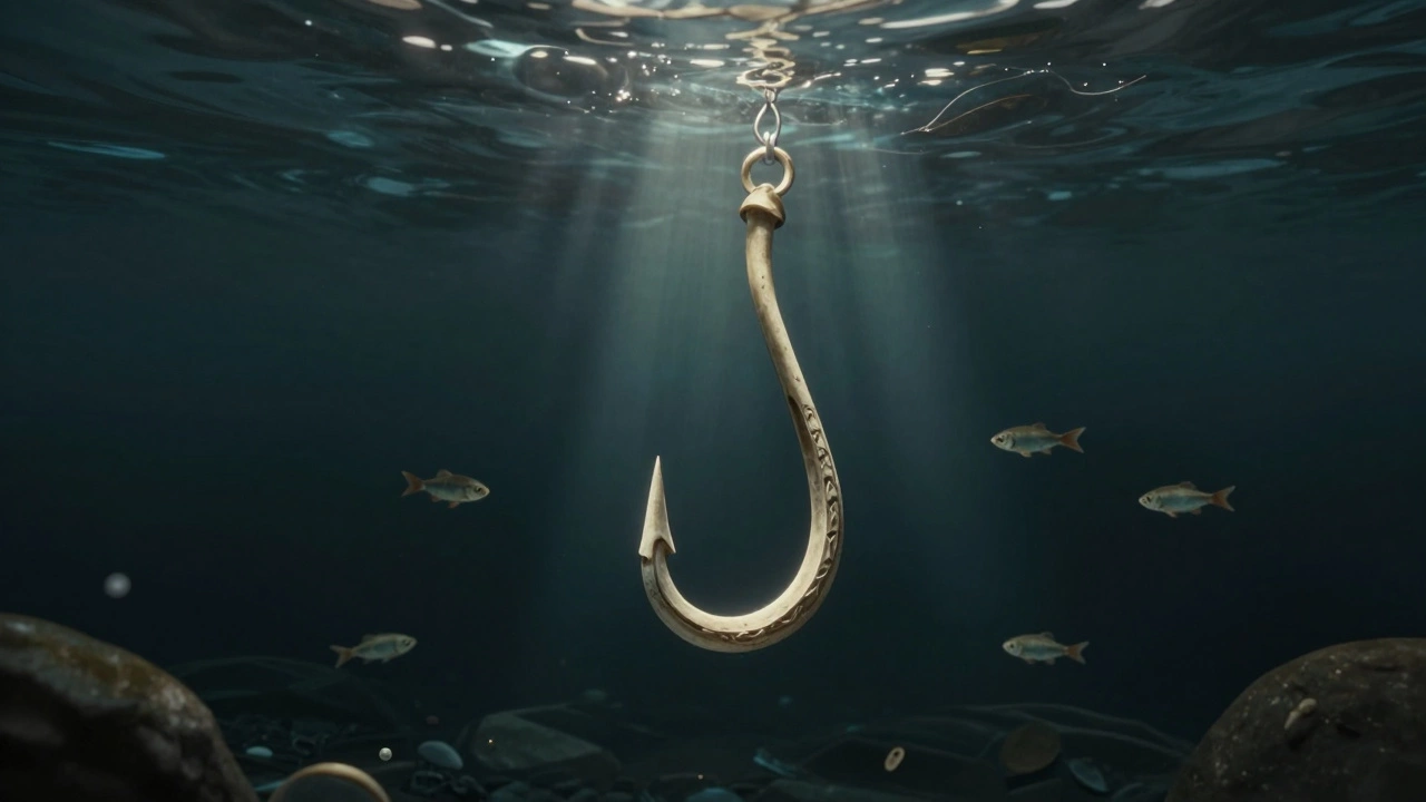 Самый древний костяной крючок в воде, освещённый лучом света, рядом — плавающие рыбы.