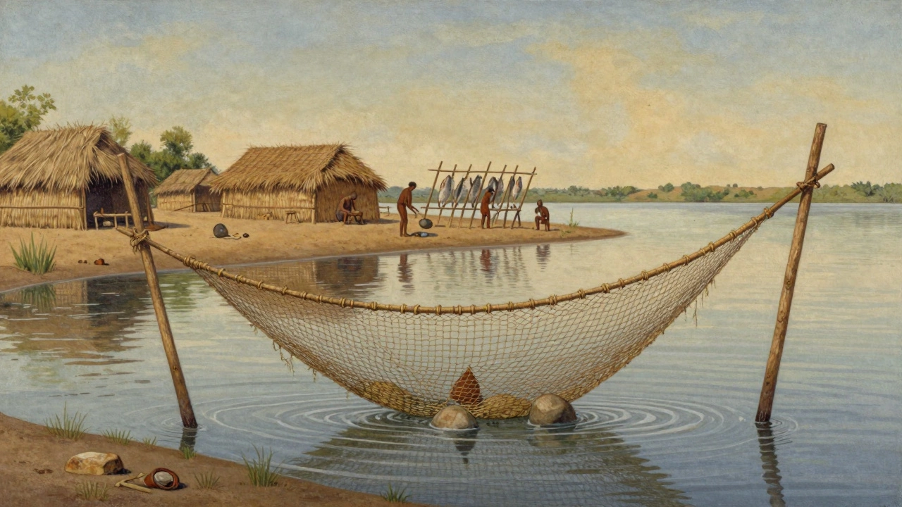 Сеть из растительных волокон с каменными грузилами в озере у поселения.