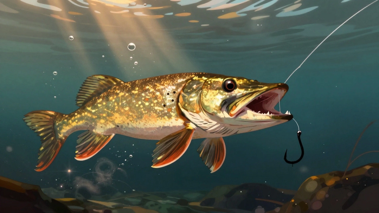 Щука атакует приманку, её зубы почти перекусывают леску в прозрачной воде.