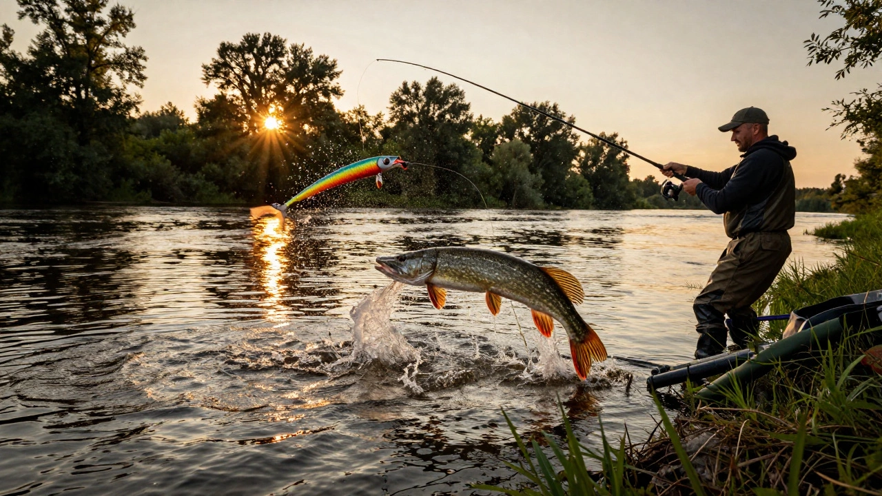 Щука атакует воблер на летнем русском реке при закате.