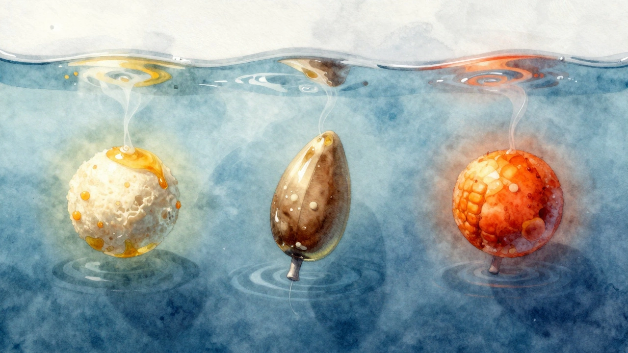 Три вида самодельных наживок в воде, излучающие ароматические следы.