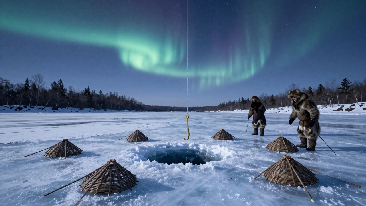 Зимняя рыбалка в Сибири: ловля через ледяную пробоину под северным сиянием.
