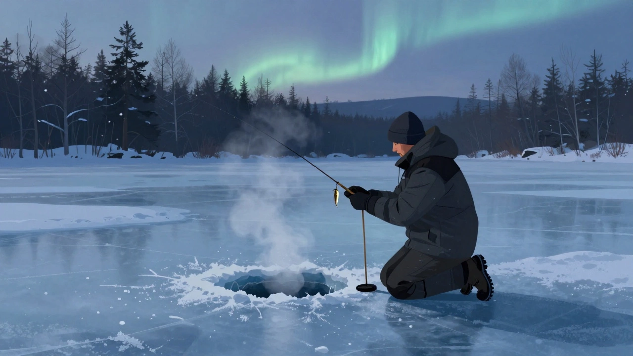 Зимний лов на мормышку в лунке на замерзшем озере под северным сиянием.