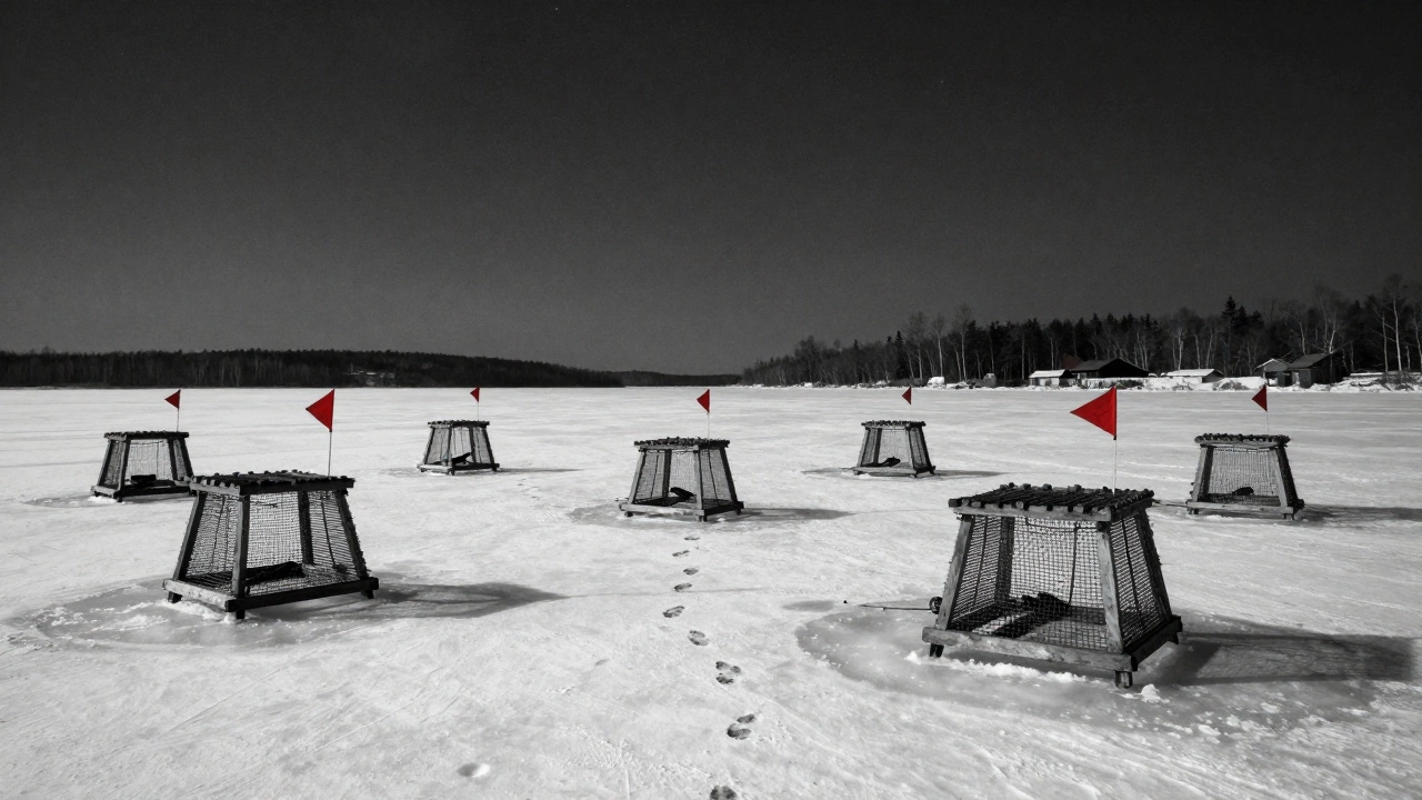 Зимой на льду стоят жерлицы с поднятыми флажками.