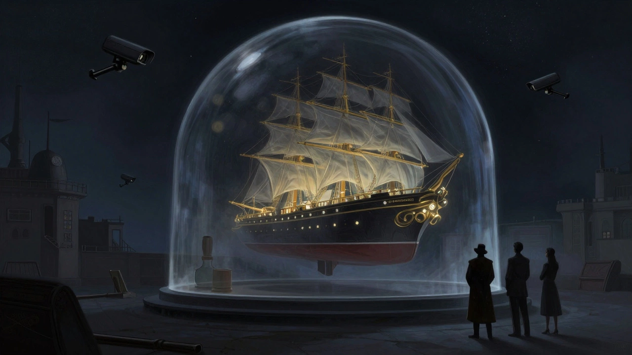 Яхта History Supreme как артефакт в стеклянном куполе, трое посетителей смотрят на неё в тишине под звёздами.